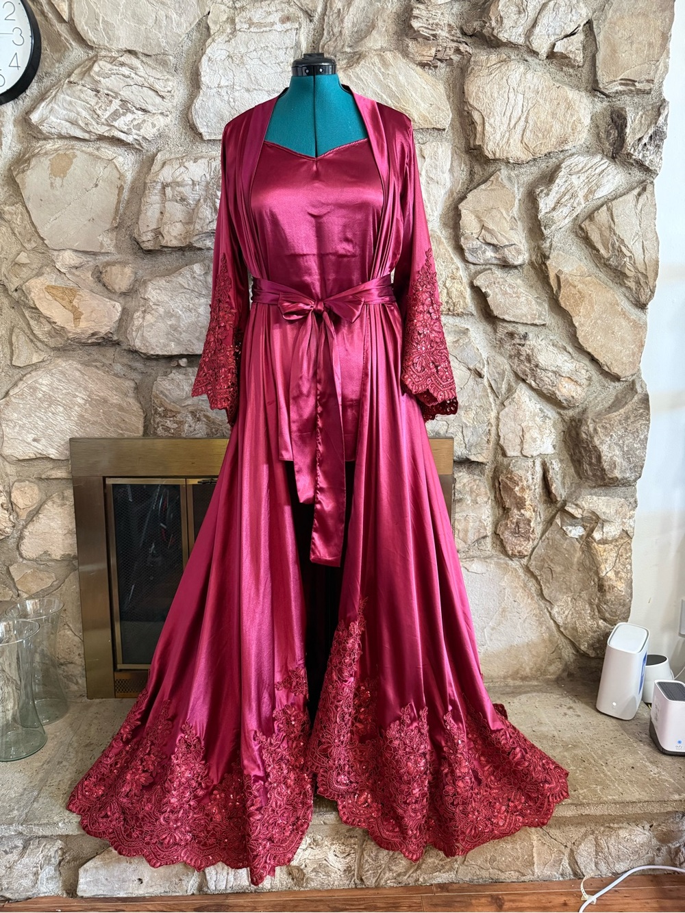 La Rosa Burgundy Satin Robe and Slip Set with Lace Detail